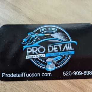 Pro Detail's business card