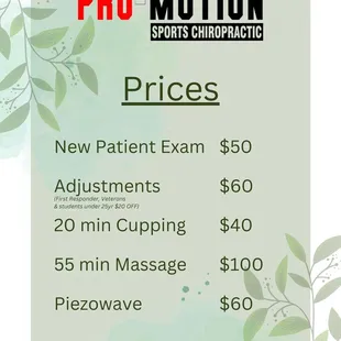 Pro-Motion sports chiropractic Prices