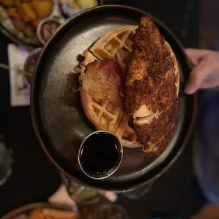 Chicken and waffles...a ok. The photo May looked like it's burnt chicken but it was the inside lighting