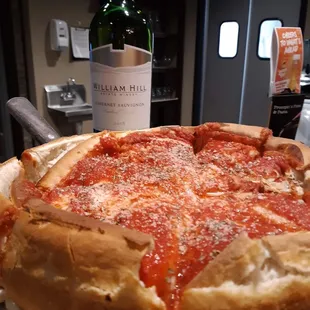 Stuffed Pizza with a bottle of cab!