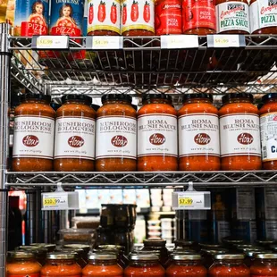 a shelf of canned food