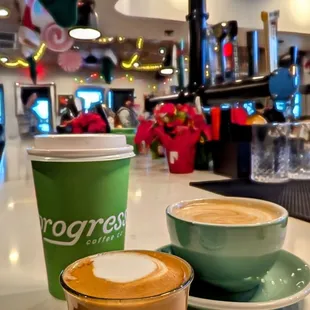 Cortado, 16oz Eastside Latte (cinnamon, cocoa, vanilla) and reg latte