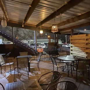 empty tables and chairs in a restaurant