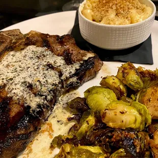 Porterhouse steak with Brussels and Mac n cheese