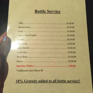 a menu for a bottle service
