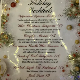 Holiday Cocktail Menu