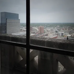 a view of a city through a window