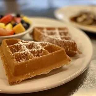 Kids waffle with fresh fruits. Kids eat free on Saturdays