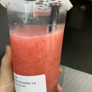 Strawberry Smoothie, half sugar, boba - $6