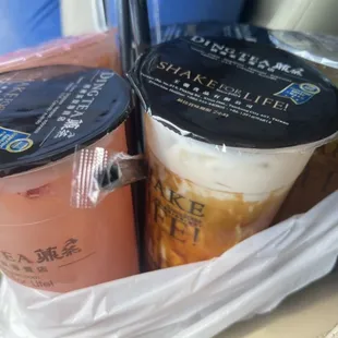 Variety of drinks. The brown sugar boba was pretty to look at.  Strawberry green tea was good too