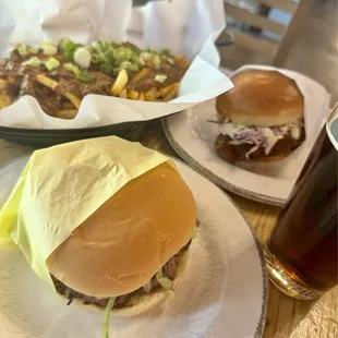 Barley burger, Memphis chicken sando and chilli cheese fries