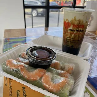 Spring Rolls and a Tiger Matcha with Black Boba