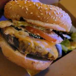 Grass Fed Burger, with cheese and caramelized onions