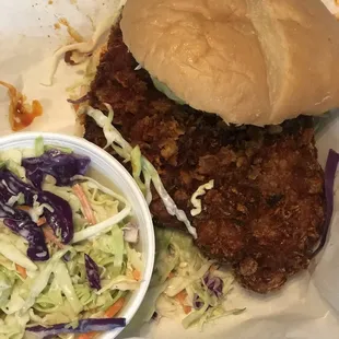 a sandwich and coleslaw