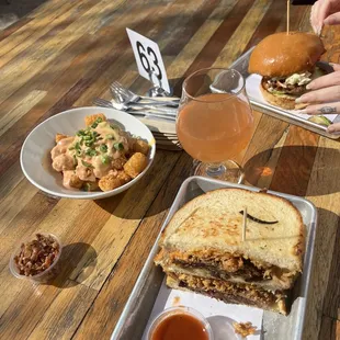 Brisket Grilled Cheese / Fried Chicken Sandwich / Loaded Tots / Blood Orange Mint Hard Kombucha