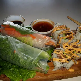 a variety of food items on a cutting board