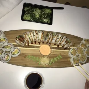 Crabby roll, orange roll, California roll.