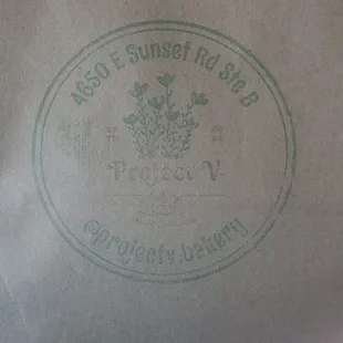 Bag with Project V Bakery logo stamped (like Tacotarian does)