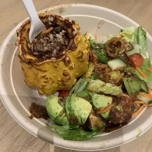 Quinoa salad - stuffed pumpkin with quinoa, brown rice, celery, mushroom and carrot and a great side salad!! Malous