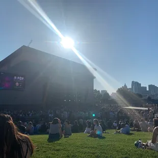 a crowd of people sitting on the grass