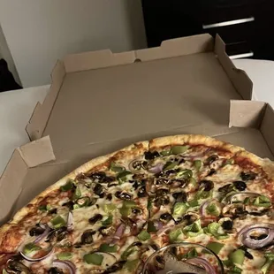 The green peppers , onions and mushrooms pizza