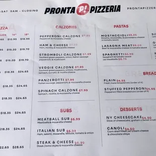the menu for the restaurant
