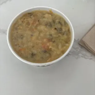 Discolored pasty wild rice soup. Disgusting