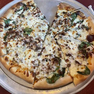 White pizza florentine, with bacon substitute!