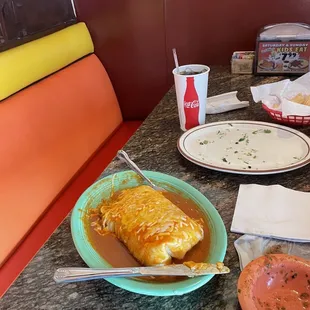 This is modified shrimp fajita burrito with beans wet with large shrimp. I call it the killer shrimp, fajita burrito. It's my favorite.