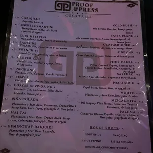 Cocktail menu 1/3/25