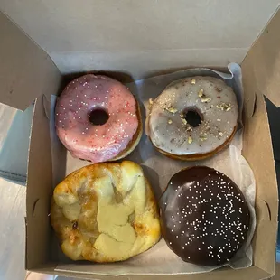 Strawberry, maple, cheese danish, &amp; Boston cream donut