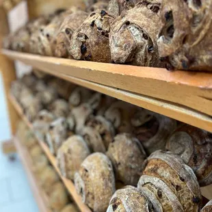 a variety of baked goods on shelves