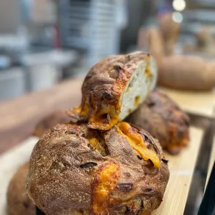 the inside of a sandwich on a cutting board