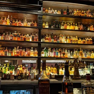 a wall of liquor bottles in a bar