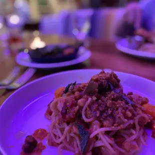 Pasta with eggplant and garbanzo beans