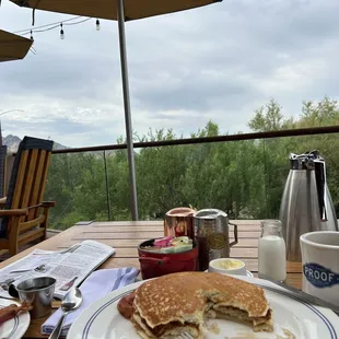 Hot delicious breakfast. Hot. Even the syrup. Details!!!!! Oh and the view.