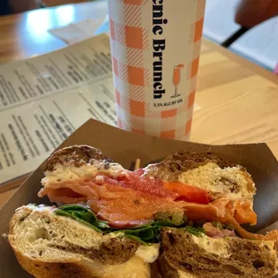 Lox sandwich and peach Bellini