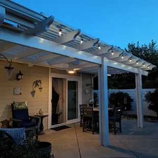 Love the solar lights that Mike installed.  Still shine during the early morning hours.  Fan and helps circulate the air and keep away bugs