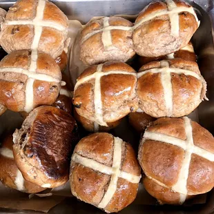 Hot Cross Buns - eat fresh, warmed in oven, with spread of butter &amp; jam, devonshire cream, or even eggs and bacon in between :) (3/8/20)