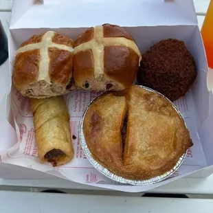 Hot Cross Buns, Scotch Egg, Sausage Roll, Pie