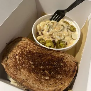 Brisket Grilled Cheese and Bastie Mac - jalapeño and bacon bites on the Mac and cheese. So good!
