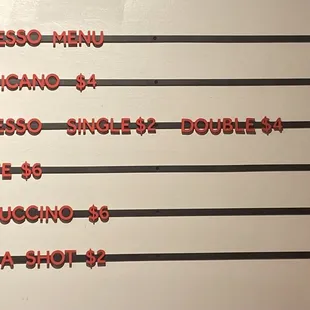 Espresso menu as of August 2023