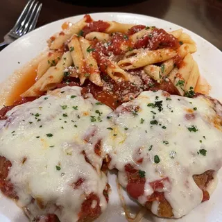 Parmigiana di Pollo Served with choice of Pasta Marinara or vegetable du jour