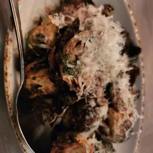 Crispy brussel sprouts with balsamic glaze and Parmesan (not actually crispy though)