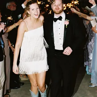 A couple's night sparkler exit after their wedding day