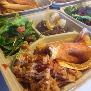 Vegan/GF/nut free/ non Gmo  No Oink Carnitas tamales with refried black beans and red brown rice &amp; salad!