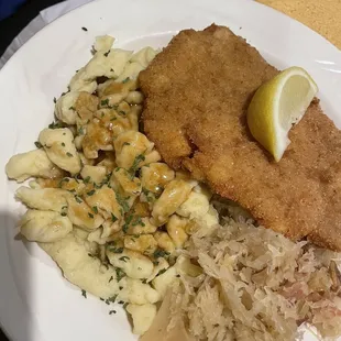 Pork schnitzel with spätzle and sauerkraut