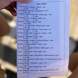 a hand holding a beer list