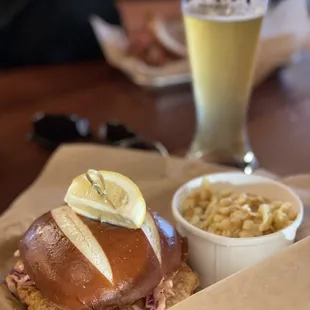 Schnitzel and spaetzle with Hefeweizen in the background