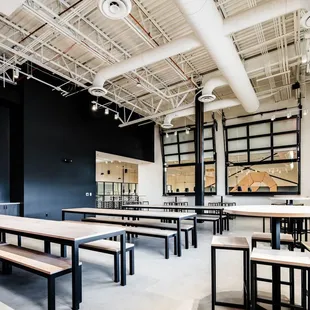 tables and benches in a large room